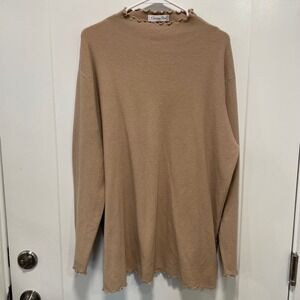 Christian Dior Paris Lettuce Trim Mock Neck Knit Sweater Tan Camel Long Sleeve